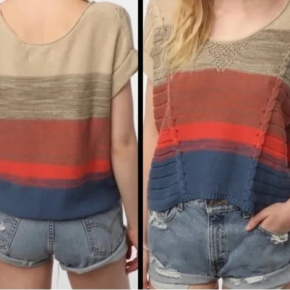 Urban Outfitters Ecote Colorblock Cable Pointelle Short Sleeve Sweater XS Sumner - Picture 2 of 13